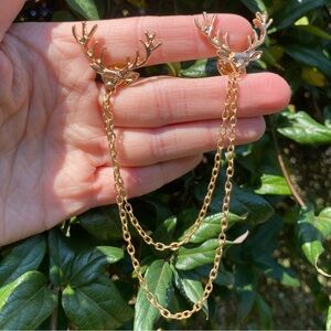 Cottagecore Elk Collar Brooch with Matching Chain Gold Tone NWT